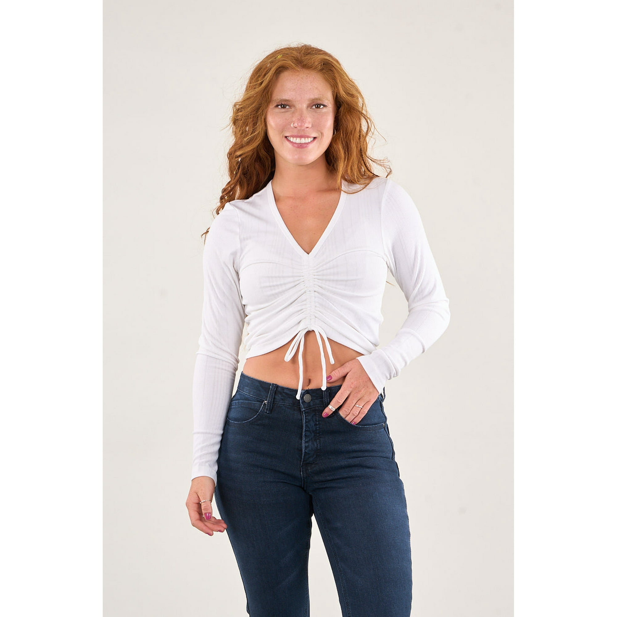 Polemic - Polera Manga Larga Rib Con Centro Recogido Blanco Vw1772