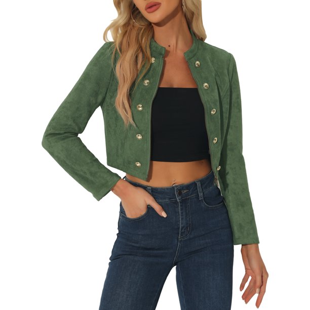 INSPIRE CHIC Chaqueta Recortada de Mujer de Imitación de Gamuza Doble Botonadura Cuello Alto Cremallera Manga Larga Abrigo L Verde