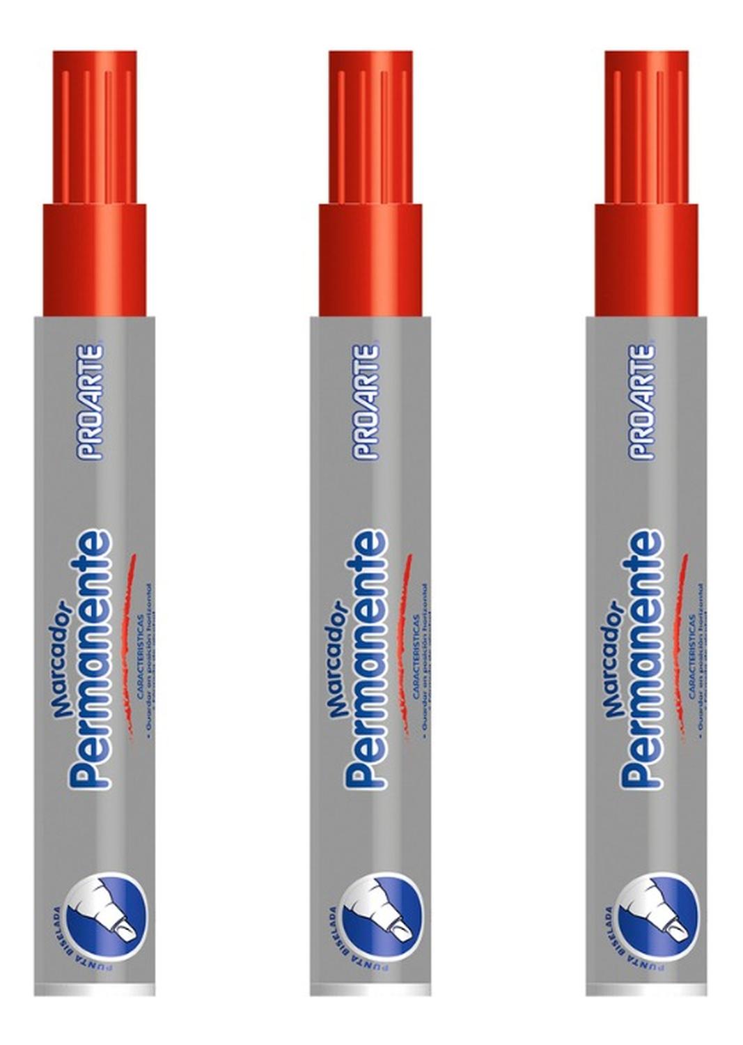Set 3 Plumones Permanente Punta Biselada. Proarte Rojo