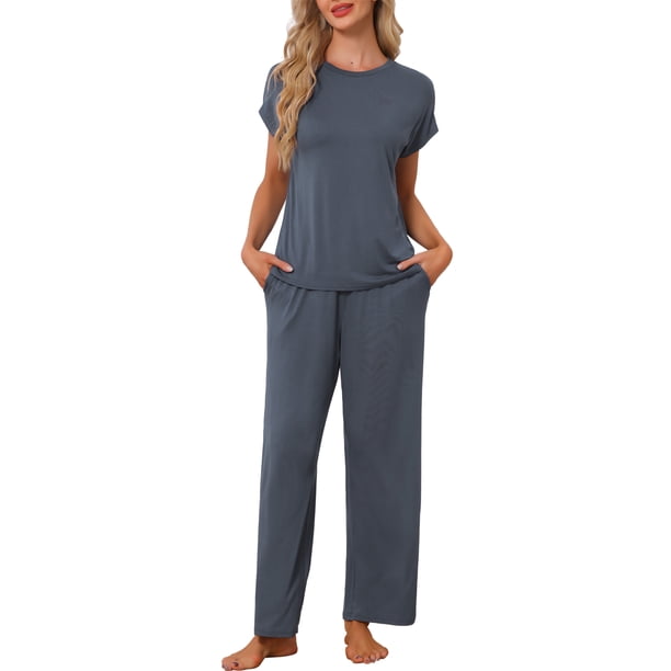 INSPIRE CHIC Conjunto de Pijama de Manga Corta para Mujer con Bolsillos, Conjunto de Descanso de Modal Suave y Pantalones Largos para Dormir S Gris Oscuro