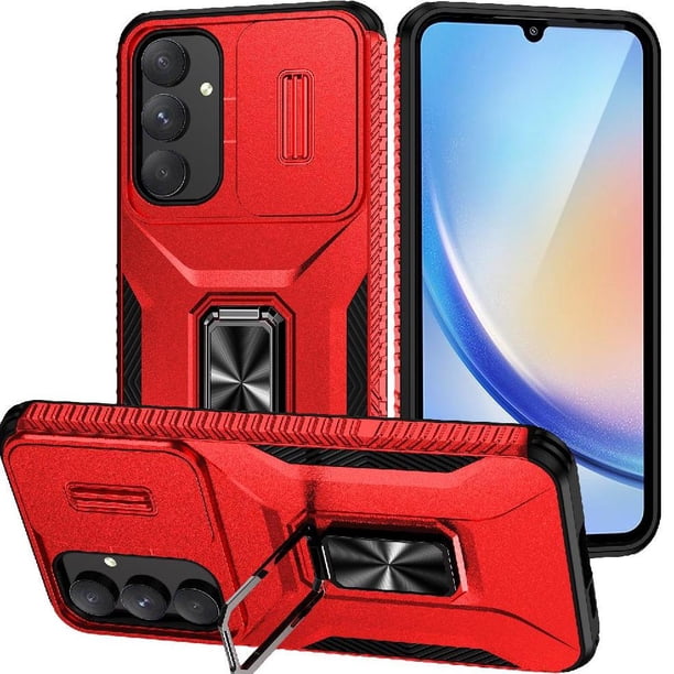 Funda Armada para Samsung Galaxy A35 5G con Tapa Deslizante y Soporte Magnético Giratorio Rojo