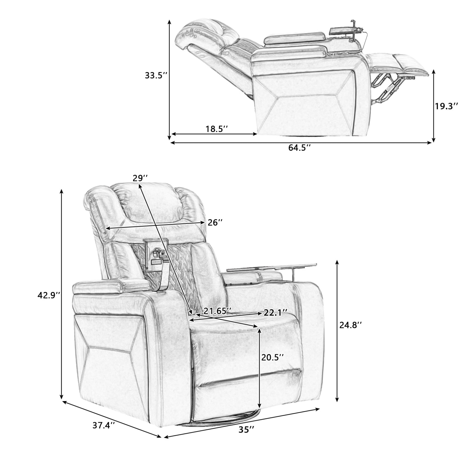 M&ms - 270 Degree Swivel Pu Leather Power Recliner Individual Seat Home Theater Recliner With Tray Table, Phone Holder, Cup Holder, Usb Port, Hidden Arm Storage For Living Room(old Sku Sg001190aaa), White