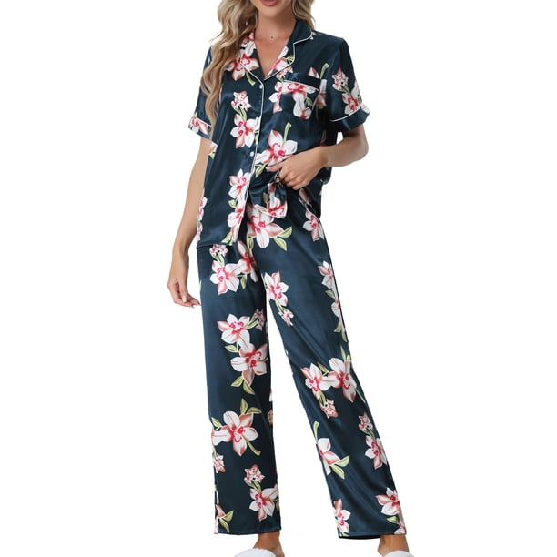 INSPIRE CHIC Conjuntos de Pijamas para Mujer Camisa con Botones y Pantalones Largos 2 Piezas Ropa de Dormir S Azul Profundo