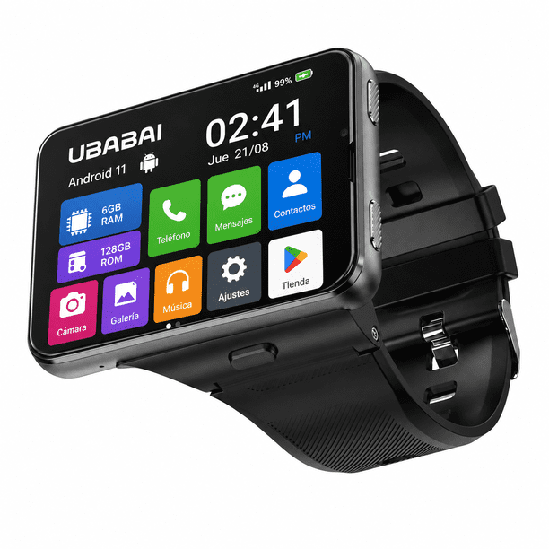 UBABAI Smartwatch Android 11 4G con Sim Nano Pantalla Táctil de 2.88" Reloj Inteligente con Llamadas Cámara Dual WiFi Bluetooth y 6GB Ram 128 GB Rom