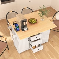 M&Ms - K&K 55.7'' Large Kitchen Island With 2 Drop Leaf,, Rolling Kitchen Cart On 5 Wheels With Power Outlet, Folding Storage Dining Table With Spice & Towel Rack , 3 Drawers, For Kitchen, Dining Room,White