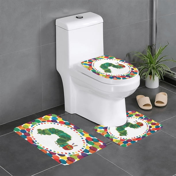 La Oruga Muy Hambrienta Juego de 3 alfombras de baño de coral fleece: tapete de baño + alfombra de inodoro en forma de U + funda de tapa de inodoro en forma de O