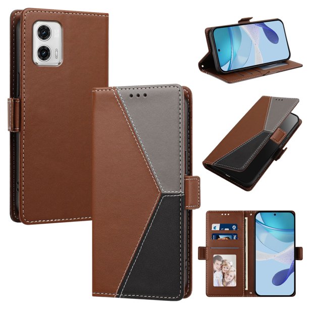 Cartera Plegable para Motorola Moto G73, PU Tricolor con Ranuras, Marrón