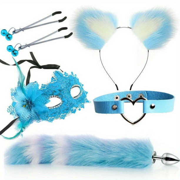 4pcs Couple Flirting Kit - Fox Ear Headband, Tail Anal Plug, Eye Mask, and Nipple Clamp - Sexy Cosplay Costume for Passionate Play