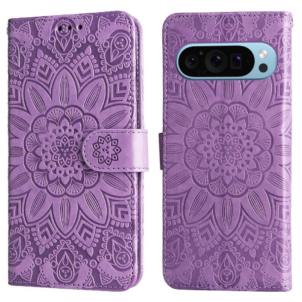 Funda tipo cartera FOXDOCK para Google Pixel 9 Pro , diseño girasol en relieve, cuero PU, cierre magnético, soporte y tarjetero