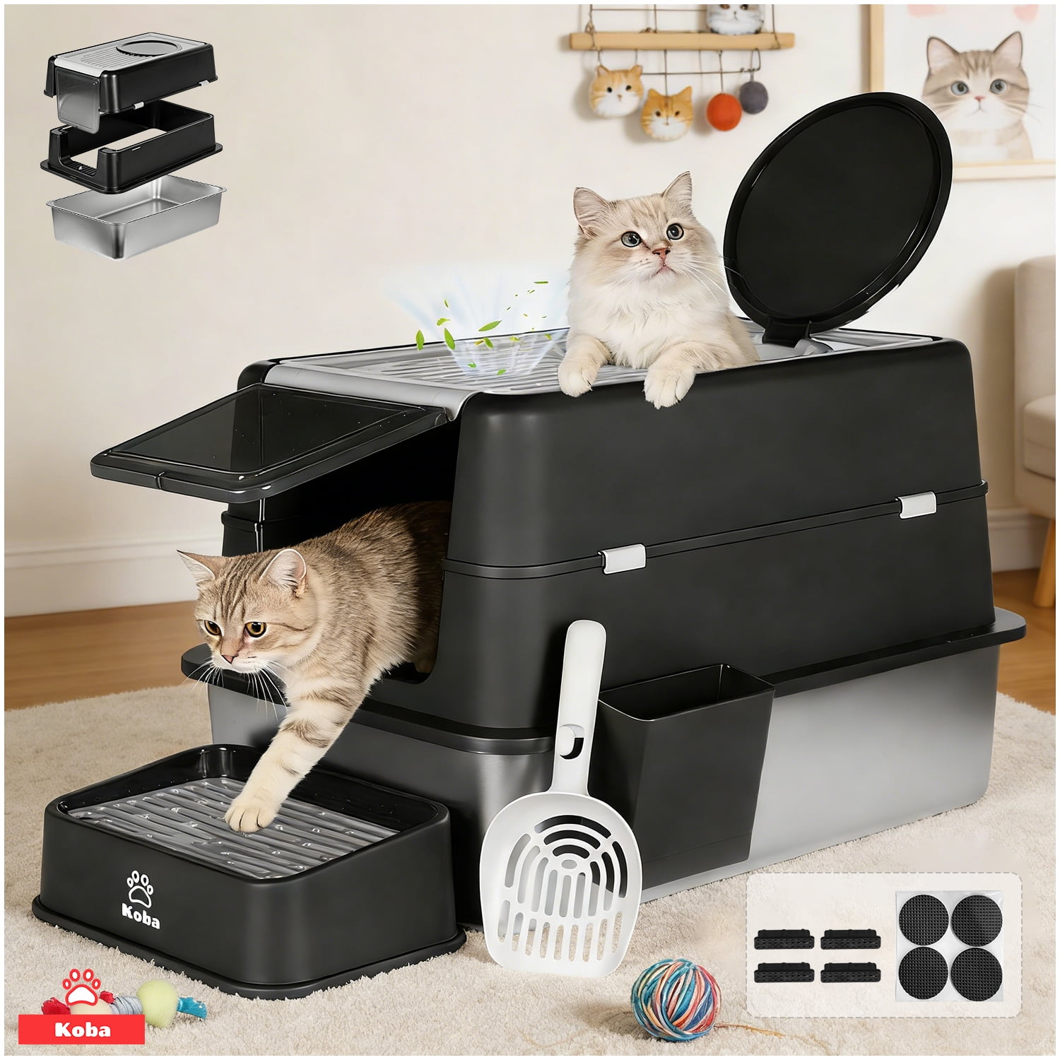 Set Arenero Gato Cerrado Baño Sanitario Michi Acero Inox Xxl Negro