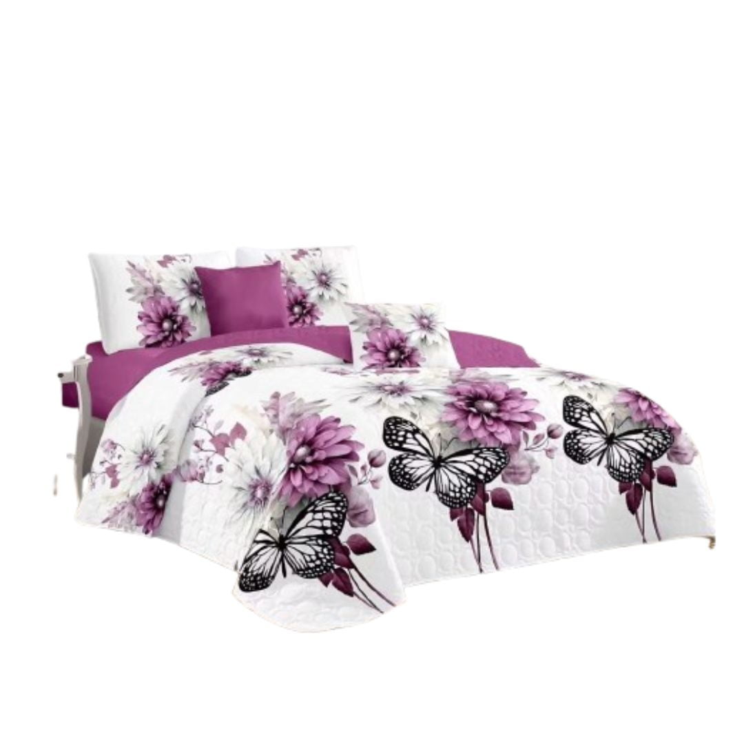 Genérico - Cubrecama Quilt Verano 2 Plazas - Blanco Flores Mariposas 643