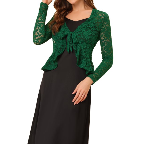 INSPIRE CHIC Bolero de Encaje Floral para Mujer con Dobladillo Volante, Cárdigan Recortado con Lazo Frontal, Cubierta Ligera de Verano Verde Oscuro M