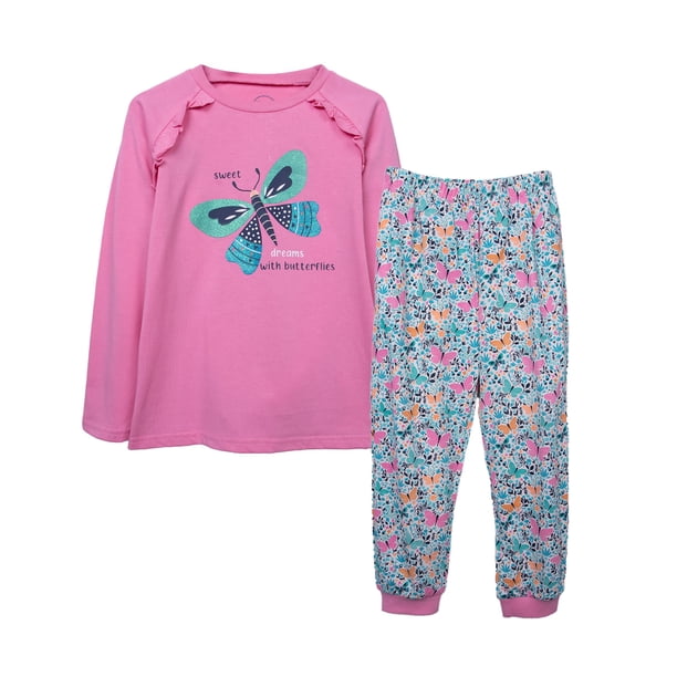 Pijama Niña Manga Larga Jersey Estampado Mariposa Rosado