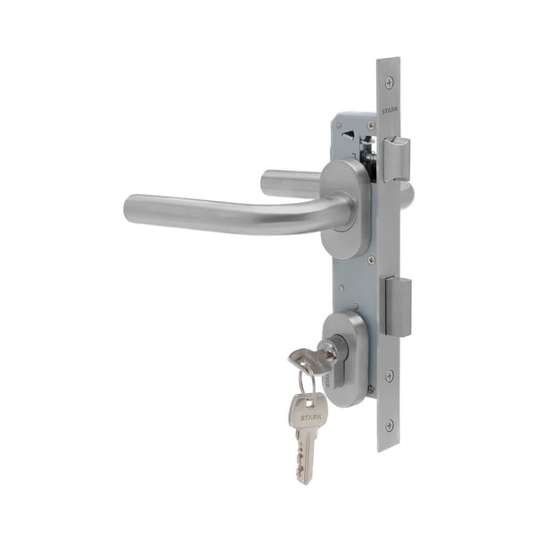 Cerradura de embutir para puerta de aluminio o perfil metálico, acceso principal u oficina. Cilindro ambos lados. Manillas ambos lados Modelo: MARTI. SKU: SDE280-AI.KIT.MARTI