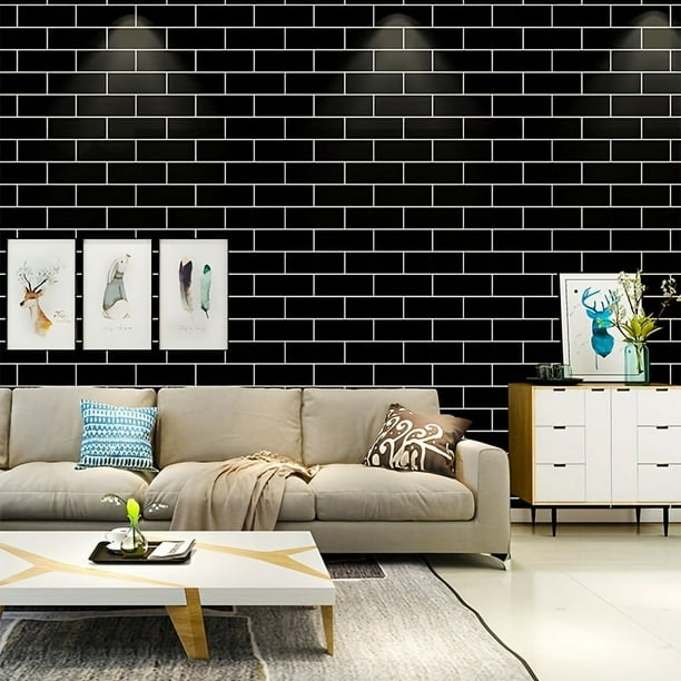 1 Roll Simple Modern Black Brick Wallpaper Self-adhesive Wallpaper PVC Waterproof Sticker Living Room Moistureproof Wallpaper Furniture Renovation Sticker One Roll Of 17.72in*393.7in