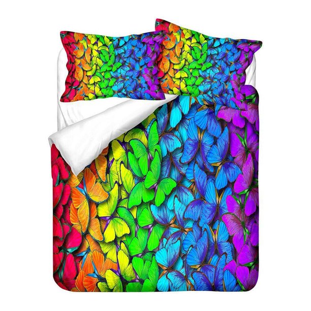 Colorful Butterfly Quilt Duvet Cover Set Doona Cover Bedspread Soft3-Piece Bedding Set