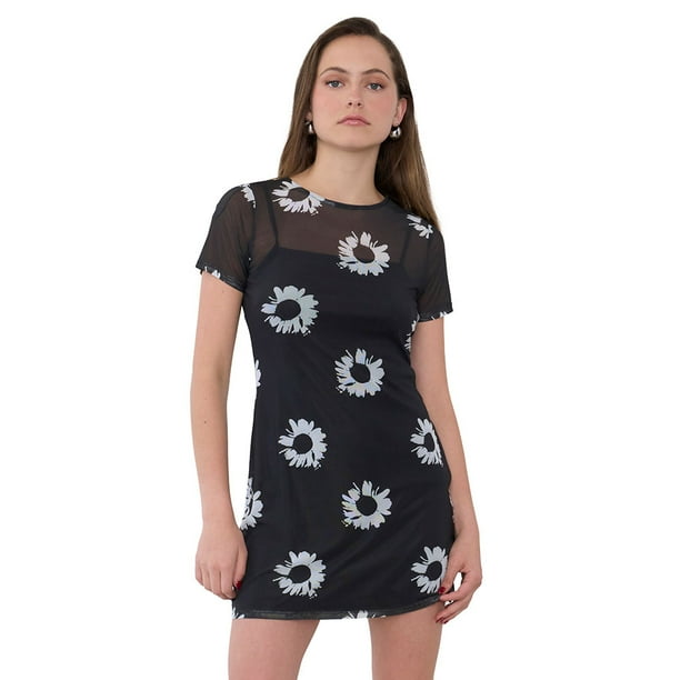 Vestido Mujer Malla Flores Negro Corona