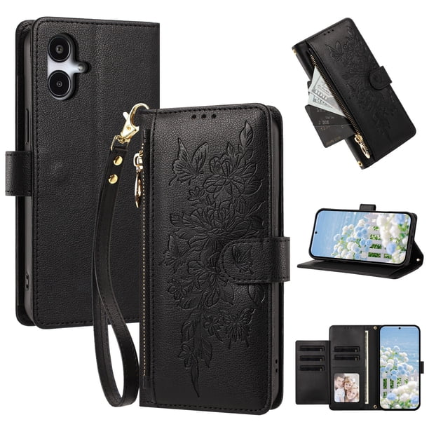 Funda Billetera Floral en Relieve samsung galaxy A07 4G con Tarjetero y Cremallera Negro