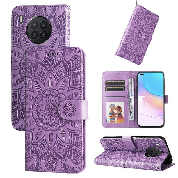 Funda tipo cartera FOXDOCK para Huawei Nova 8i , diseño girasol en relieve, cuero PU, cierre magnético, soporte y tarjetero