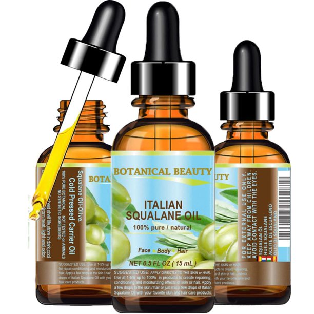 Botanical Beauty SQUALANE Aceite de Oliva Italiano 100 % Puro Natural No Diluido Hidratante Ultra‑Puro para Cara, Piel, Cuerpo y Cabello. Protección de Cuidado de la Piel 24 / 7 (0,5 fl oz / 15 ml)