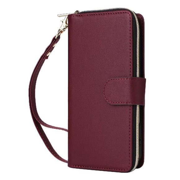 Funda Cartera con Cremallera y Correa para iPhone 15 Pro Soporte y Tarjetero Rojo