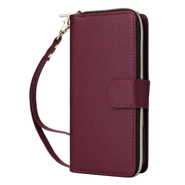 Funda Cartera con Cremallera y Correa para iPhone 15 Pro Soporte y Tarjetero Rojo