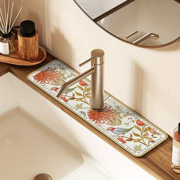 1pc Floral Sink Faucet Absorbent Mat, Drainage Pad, Kitchen, Bathroom Sink, Countertop, Drain Pad, Diatomaceous Mud Washbasin, Cuttable, Quick Drying Pad