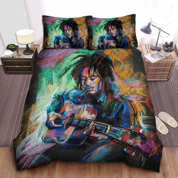 Bob Marley and His Guitar Wax Color Painting Bedding Set Duvet Cover Bedding Set3-Piece Bedding Set (1 Duvet Cover + 2 Pillow Shams)