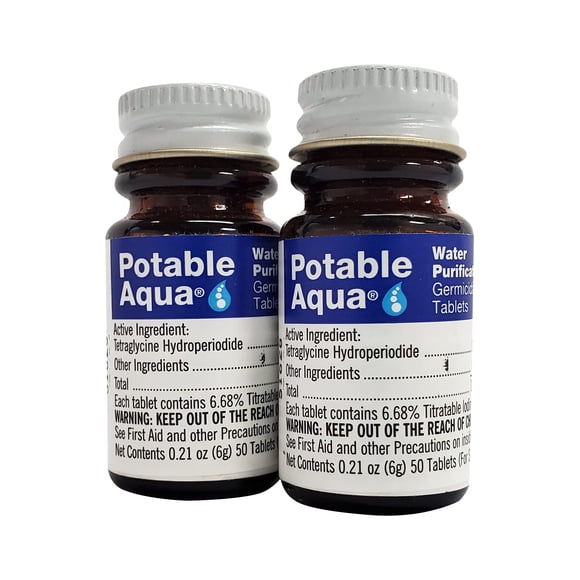 Tabletas de purificación de agua Potable Aqua, 2 botellas de 50 unidades