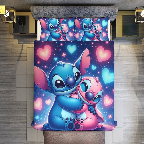 Comforter Set Queen Size Love Stitch And Angel Set with 2 Pillowcases for All SeasonsBedding Set 3pcs for Kids Boys Girls Bedroom Decor Bed Sheets