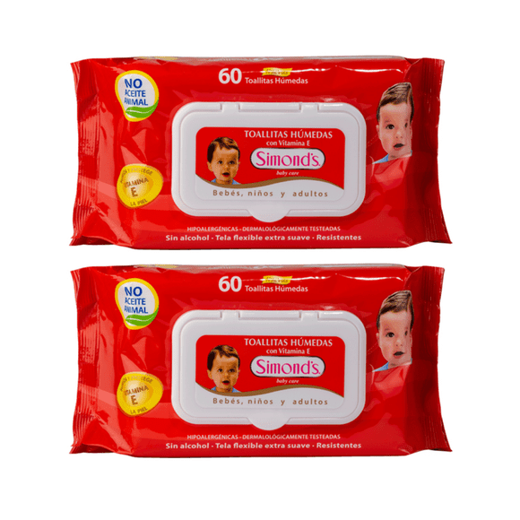 Pack 2 Toallitas Húmedas Simonds Baby Care 60un , Hipoalergénicas,