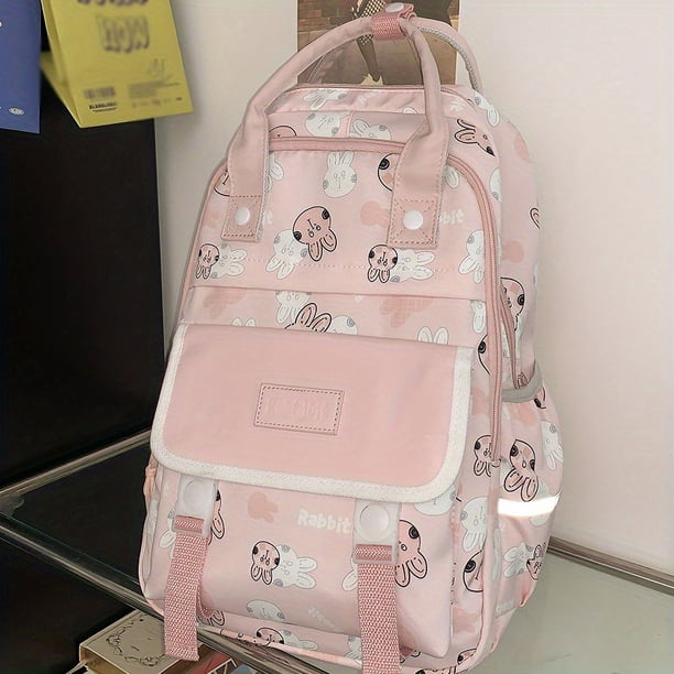 Cartoon Bunny Print Backpack, Kawaii Preppy Students Schoolbag, Casual Nylon Travel Laptop Shoulder Rucksack