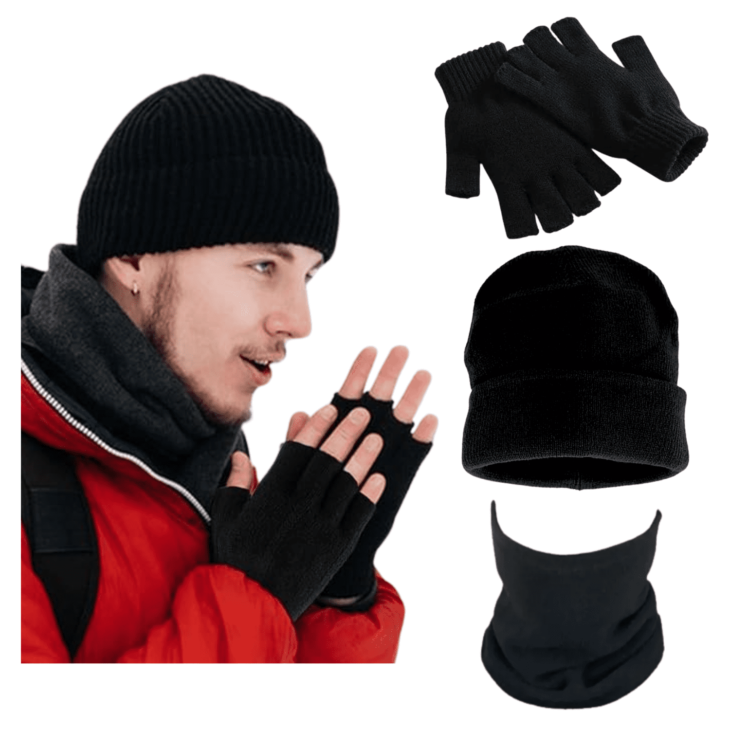 Genérico - Gorro Beanie + Guantes Lana Sin Dedo + Cuello Polar Invierno