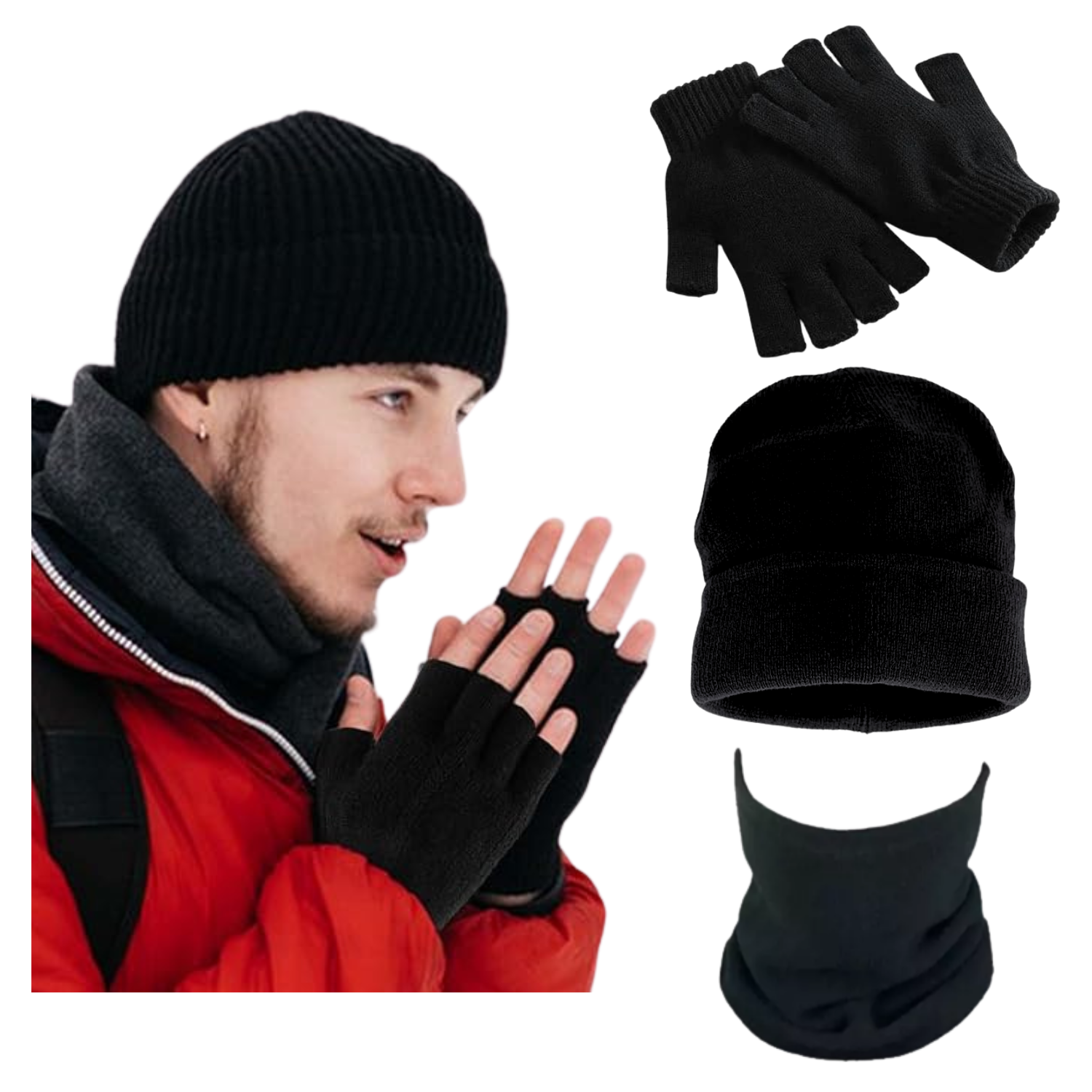 Genérico - Gorro Beanie + Guantes Lana Sin Dedo + Cuello Polar Invierno