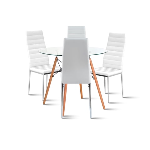 Klik Muebles - Comedor Mesa Eames 80Cm Redonda Vidrio + 4 Sillas Dining Liana Acolchadas - Blancas