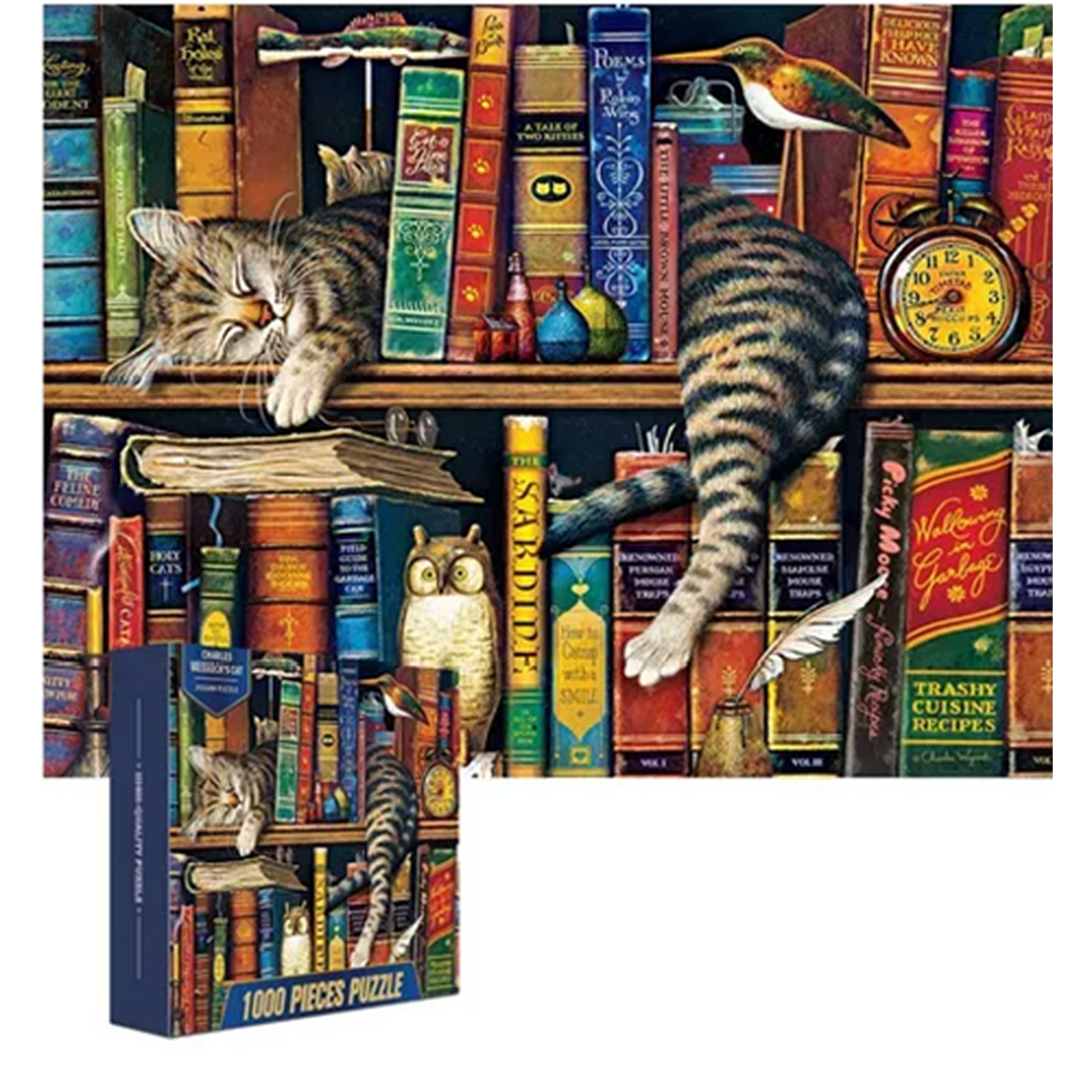 Genérico - Rompecabezas 70x50cm Gato Y Libros, Multicolor