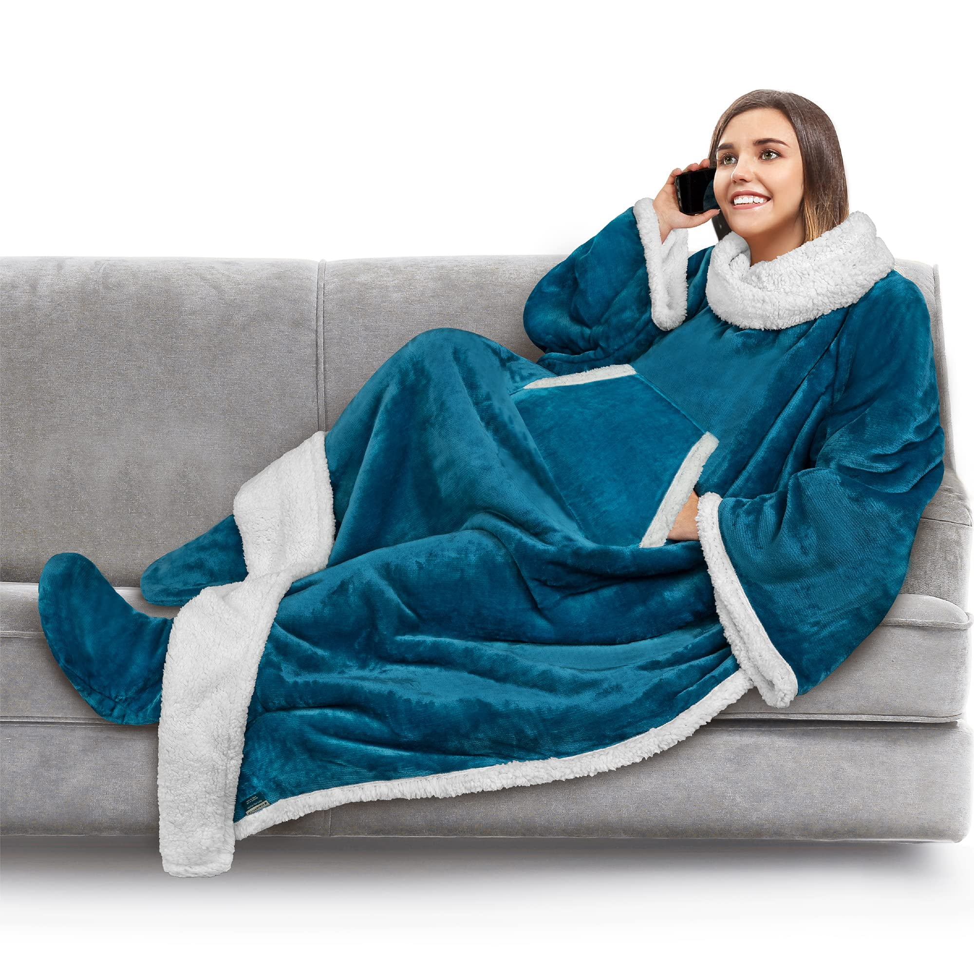 Manta Pavilia Sherpa Con Mangas Y Bolsillo Para Los Pies, Azul Turquesa