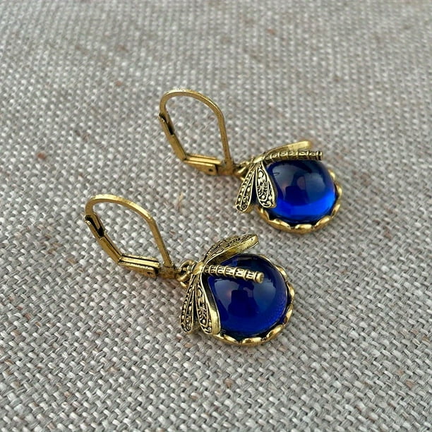 Vintage Dragonfly Earrings with Inky Blue Moonstone and Brass Glass Cabochon - Perfect Vintage Victorian Gift for Women
