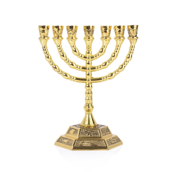 Menorá de las 12 tribus de Israel, 7 ramas, metal dorado, 12 cm de altura