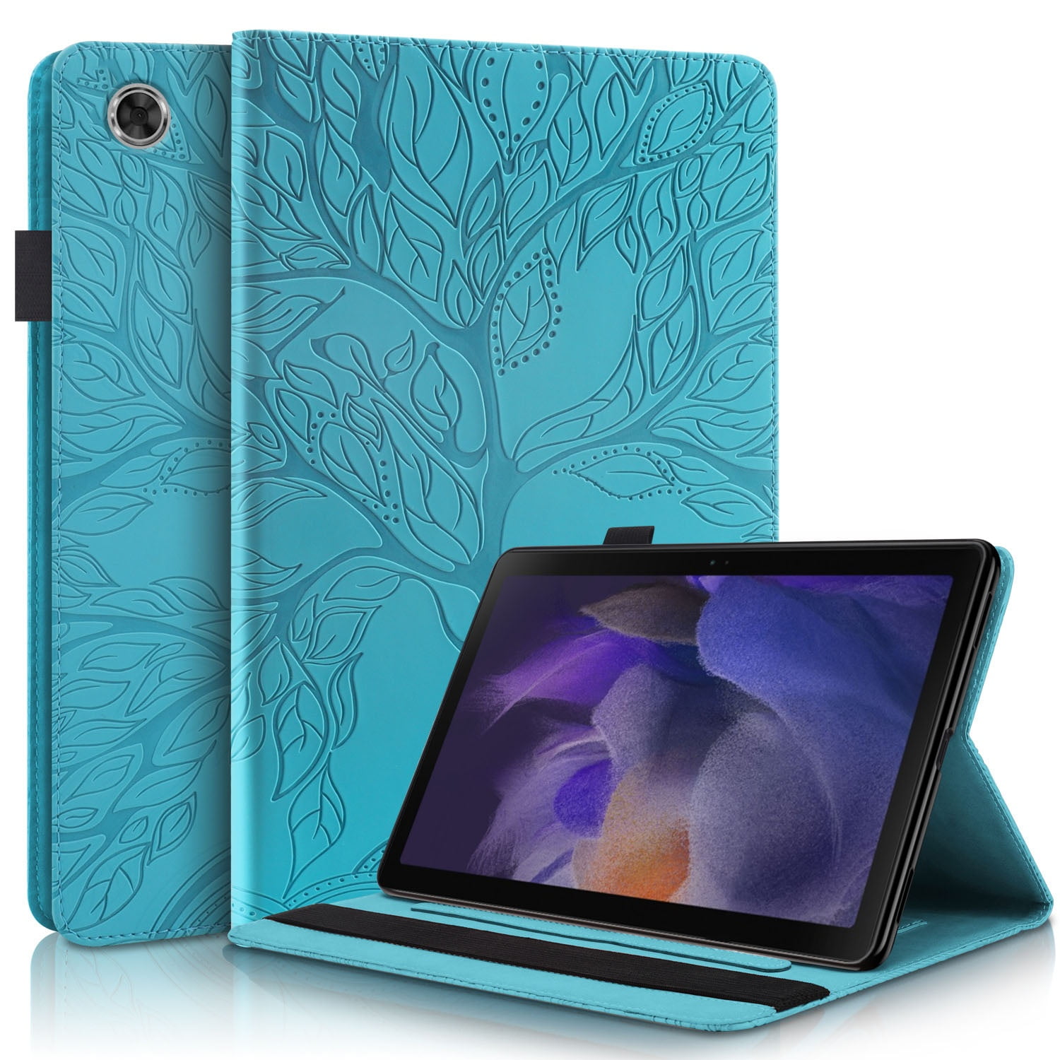 Foxdock - Funda Con Relieve Del Árbol De La Vida Para Tablet Samsung Galaxy Tab A9 Con Soporte, Ranuras Para Tarjetas Y Soporte Para Lápiz Óptico. Azul