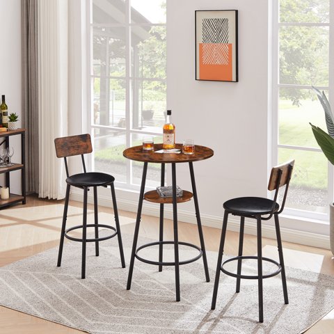 M&Ms - Round Bar Stool Set With Shelf, Upholstered Stool With Backrest, Rustic Brown, 23.62'' W X 23.62'' D X 35.43'' H