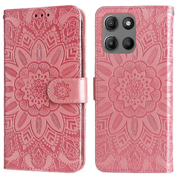 Funda tipo cartera FOXDOCK para Motorola Moto G15 Power , diseño girasol en relieve, cuero PU, cierre magnético, soporte y tarjetero