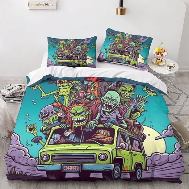 Juego de funda nórdica Monsters 3D con diseño de coche clásico, 100% microfibra, juego de ropa de cama de dibujos animados de 3 piezas con fundas de almohada, juego de ropa de cama doble
