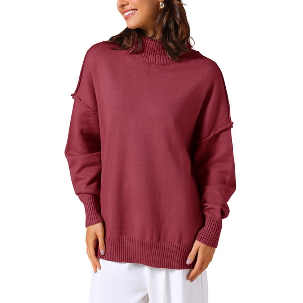 INSPIRE CHIC Mujeres Suéteres de Punto de Manga Larga Cuello Simulado Suelto Oversized Casual Tops 2025 2XL Vino Rojo