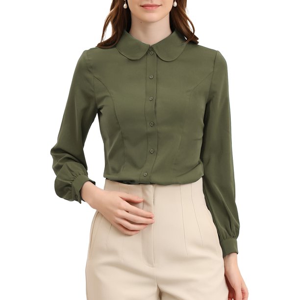 INSPIRE CHIC Blusa de Mujer con Cuello Peter Pan Casual de Negocios de Manga Larga Camisa de Botones para el Trabajo XS Verde Militar