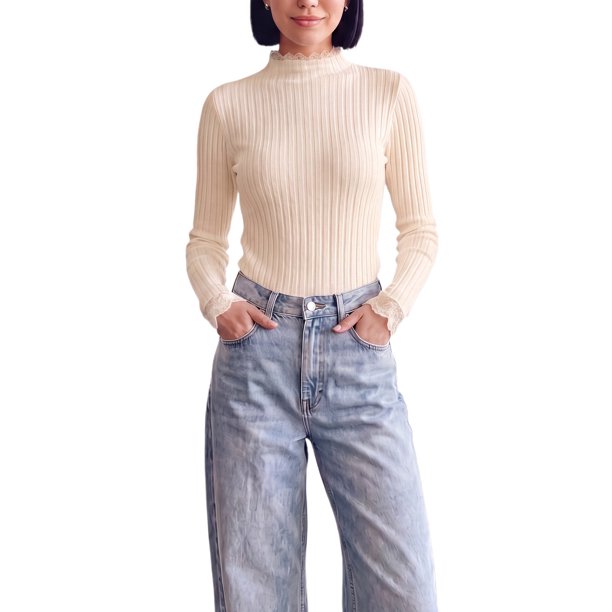 INSPIRE CHIC Suéter de Mujer con Empalme de Punto Cuello Simulado Falso de Dos Piezas Mangas Largas Otoño Invierno Ajuste Ceñido Volante Encaje Ribeteado Jersey Grande Albaricoque