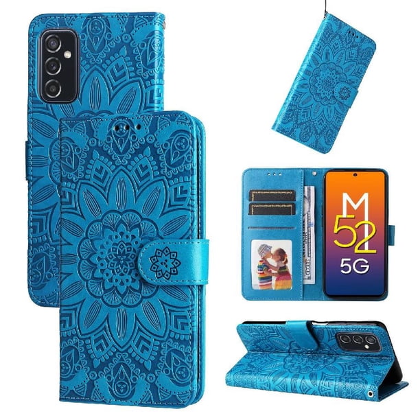Funda tipo cartera FOXDOCK para Samsung Galaxy M52 5G , diseño girasol en relieve, cuero PU, cierre magnético, soporte y tarjetero