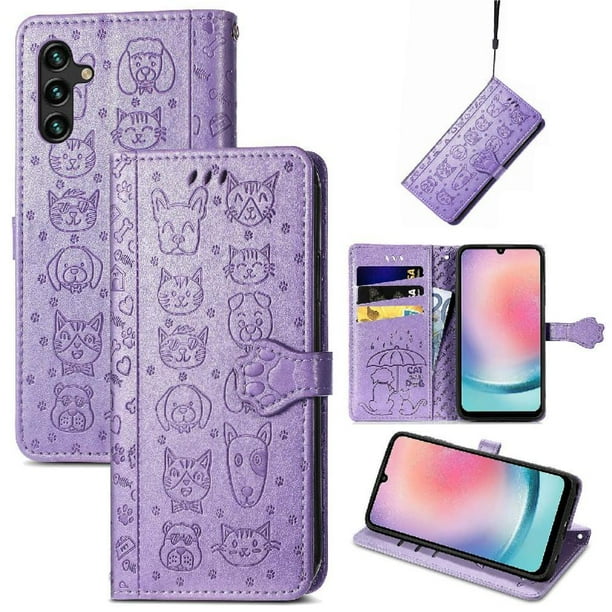 Funda Cartera FOXDOCK para Samsung Galaxy A24 4G , Flip PU con Relieve de Gatos y Perros, Tarjetero y Soporte