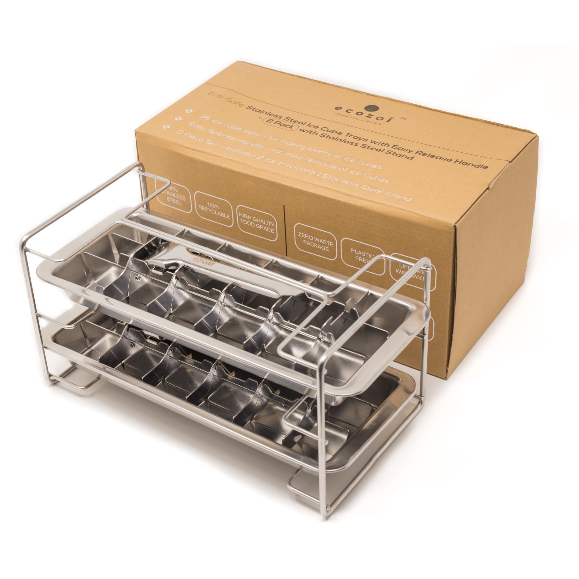 Bandeja Para Cubitos De Hielo Ecozoi De Acero Inoxidable Con 18 Ranuras, Paquete De 2