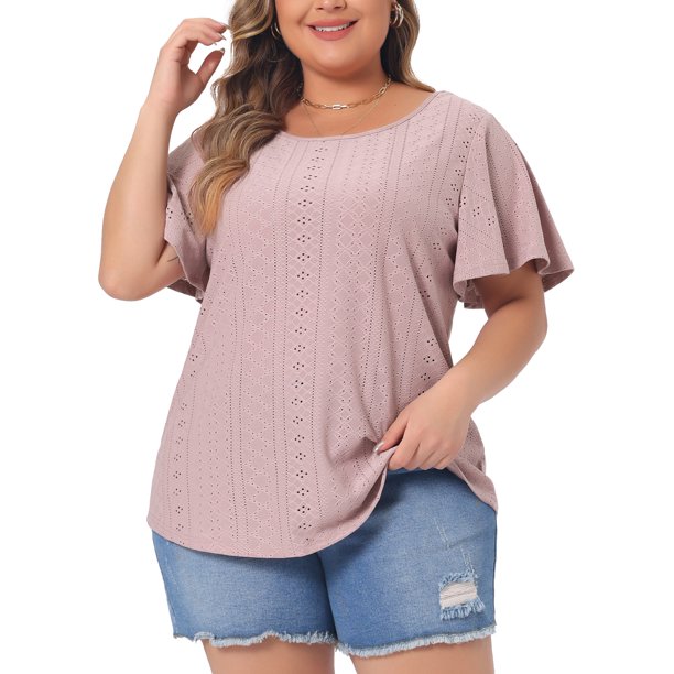 Agnes Orinda Camiseta de Escuela para Mujer Talla Grande Cuello Redondo Ajuste Suelto Manga con Volantes Verano Hueco Blusas Casuales 2X Rosa